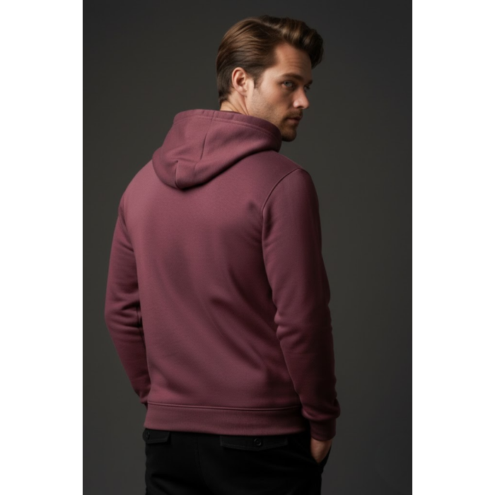 Unisex Kışlık Mürdüm Rengi Üç İplik Şardonlu Pamuklu Kalın Kapüşonlu Hoodie Sweatshirt