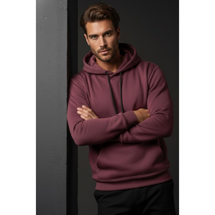 Unisex Kışlık Mürdüm Rengi Üç İplik Şardonlu Pamuklu Kalın Kapüşonlu Hoodie Sweatshirt