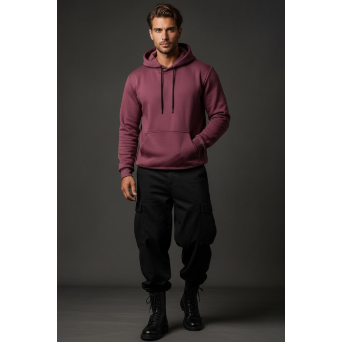 Unisex Kışlık Mürdüm Rengi Üç İplik Şardonlu Pamuklu Kalın Kapüşonlu Hoodie Sweatshirt