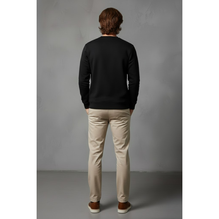 Unisex Kışlık Siyah Üç İplik Şardonlu Kalın Bisiklet Yaka Basic Sweatshirt