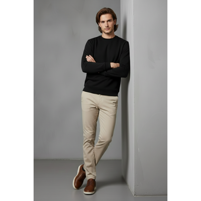 Unisex Kışlık Siyah Üç İplik Şardonlu Kalın Bisiklet Yaka Basic Sweatshirt