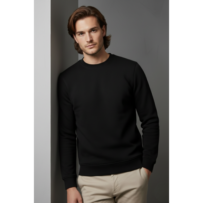 Unisex Kışlık Siyah Üç İplik Şardonlu Kalın Bisiklet Yaka Basic Sweatshirt