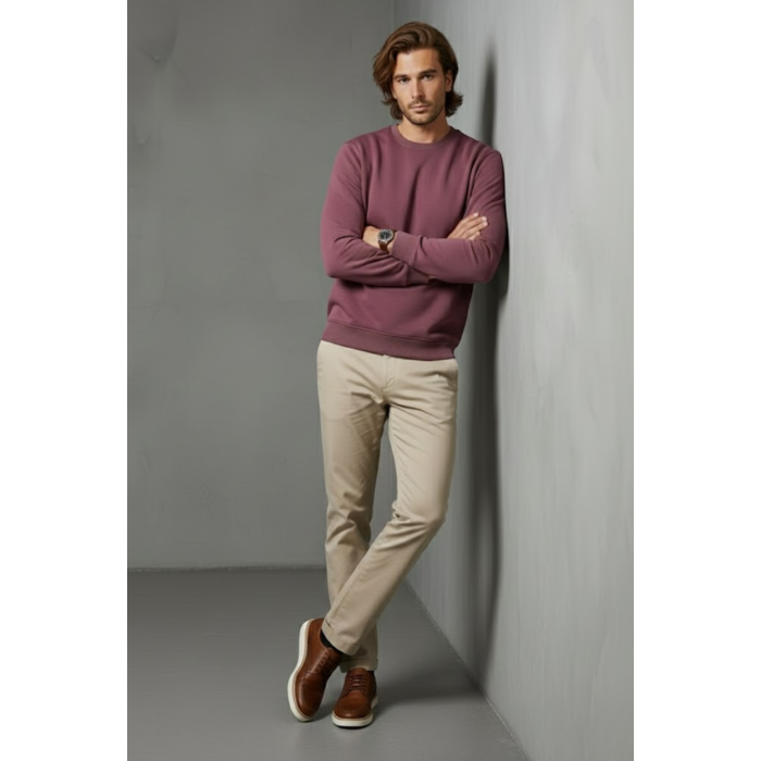 Unisex Kışlık Mürdüm Rengi Üç İplik Şardonlu Kalın Bisiklet Yaka Sweatshirt