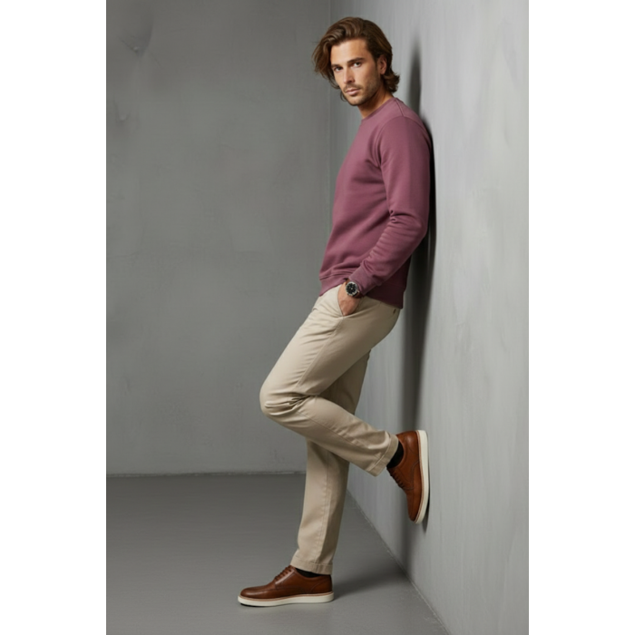 Unisex Kışlık Mürdüm Rengi Üç İplik Şardonlu Kalın Bisiklet Yaka Sweatshirt