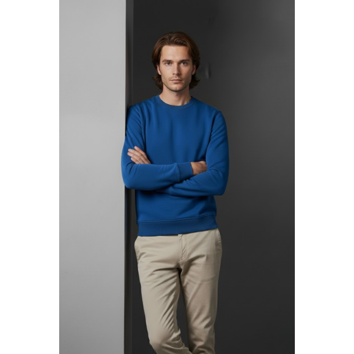 Unisex Kışlık Saks Mavi Üç İplik Şardonlu Kalın Bisiklet Yaka Basic Sweatshirt