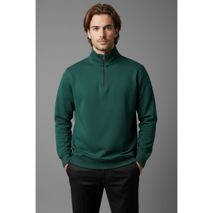 Unisex Kışlık Koyu Yeşil Yarım Fermuarlı Dik Yaka 2 İplik Basic Sweatshirt