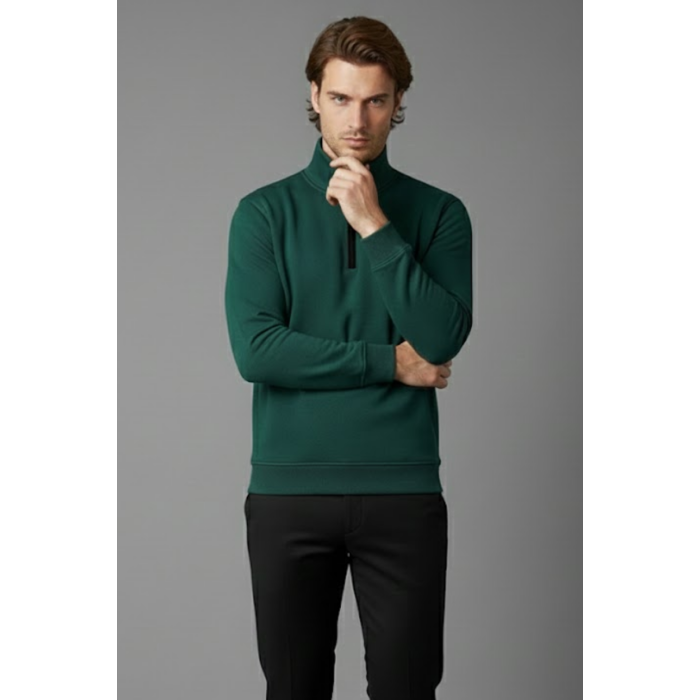 Unisex Kışlık Koyu Yeşil Yarım Fermuarlı Dik Yaka 2 İplik Basic Sweatshirt