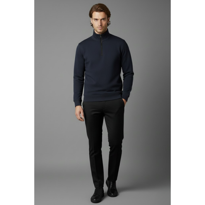 Unisex Kışlık Lacivert Yarım Fermuarlı Dik Yaka 2 İplik Basic Sweatshirt