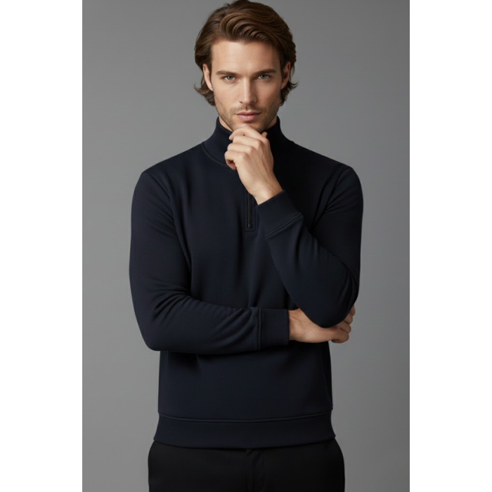 Unisex Kışlık Lacivert Yarım Fermuarlı Dik Yaka 2 İplik Basic Sweatshirt