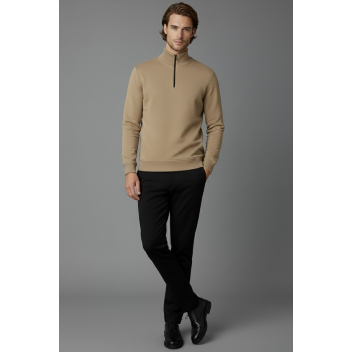 Unisex Kışlık Açık Kahve Yarım Fermuarlı Dik Yaka 2 İplik Basic Sweatshirt