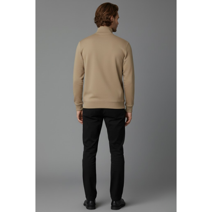 Unisex Kışlık Açık Kahve Yarım Fermuarlı Dik Yaka 2 İplik Basic Sweatshirt