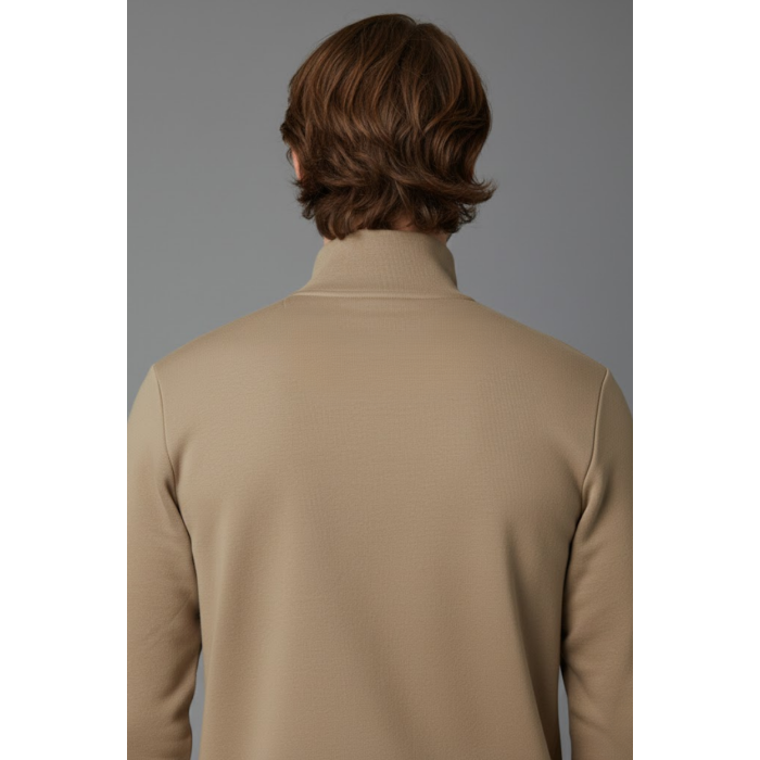 Unisex Kışlık Açık Kahve Yarım Fermuarlı Dik Yaka 2 İplik Basic Sweatshirt