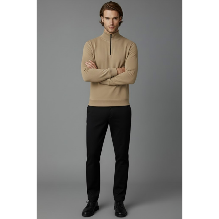 Unisex Kışlık Açık Kahve Yarım Fermuarlı Dik Yaka 2 İplik Basic Sweatshirt