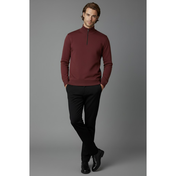 Unisex Kışlık Bordo Yarım Fermuarlı Dik Yaka 2 İplik Basic Sweatshirt
