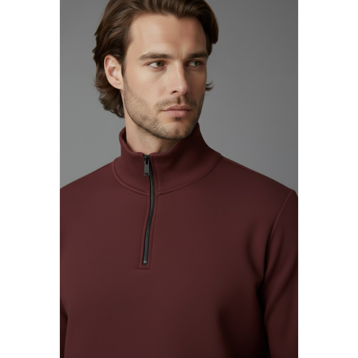 Unisex Kışlık Bordo Yarım Fermuarlı Dik Yaka 2 İplik Basic Sweatshirt