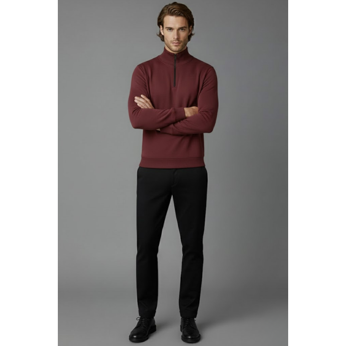 Unisex Kışlık Bordo Yarım Fermuarlı Dik Yaka 2 İplik Basic Sweatshirt