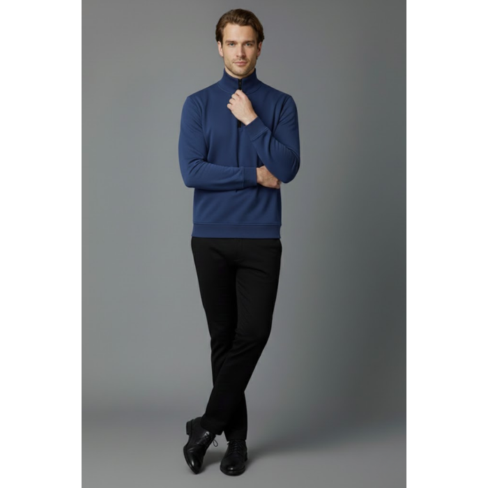 Unisex Kışlık Mavi Yarım Fermuarlı Dik Yaka 2 İplik Basic Sweatshirt