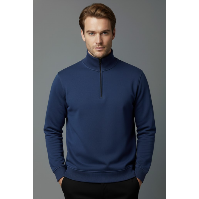 Unisex Kışlık Mavi Yarım Fermuarlı Dik Yaka 2 İplik Basic Sweatshirt