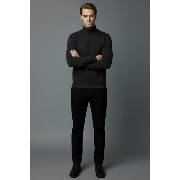 Unisex Kışlık Siyah Yarım Fermuarlı Dik Yaka 2 İplik Basic Sweatshirt