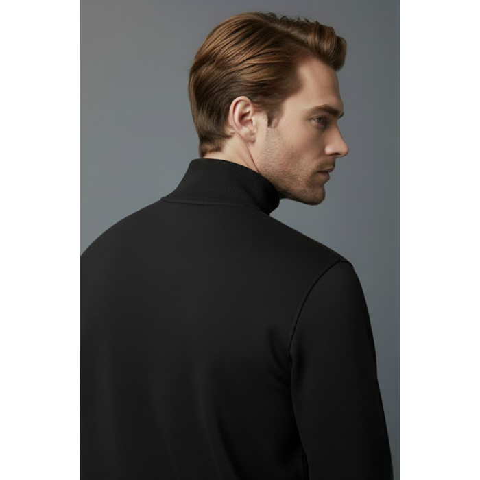 Unisex Kışlık Siyah Yarım Fermuarlı Dik Yaka 2 İplik Basic Sweatshirt