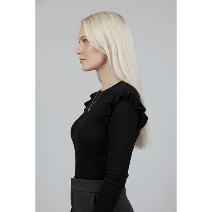 Siyah Kaşkorse Uzun Kollu Fırfırlı Omuz Detaylı Pamuklu Ribana Bluz