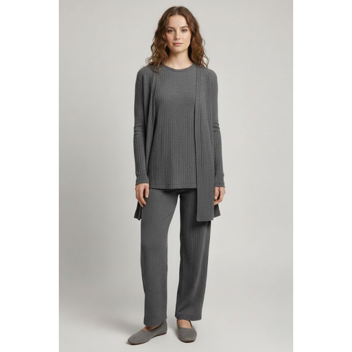 Kadın Gri Ribanalı Üçlü Takım Uzun Hırka Bisiklet Yaka Bluz Lastikli Boru Paça Pantolon