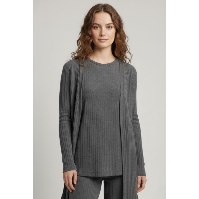 Kadın Gri Ribanalı Üçlü Takım Uzun Hırka Bisiklet Yaka Bluz Lastikli Boru Paça Pantolon