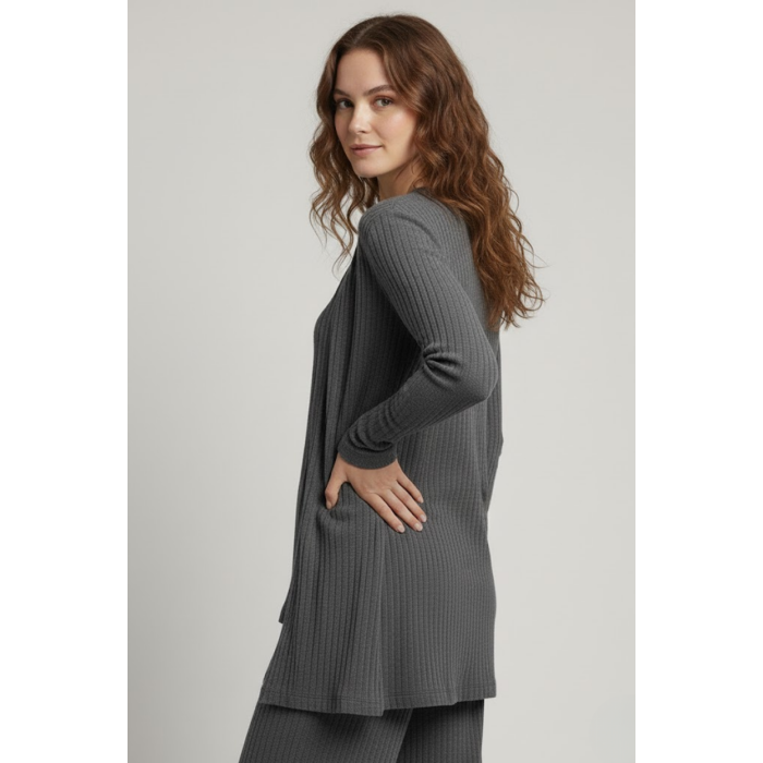 Kadın Gri Ribanalı Üçlü Takım Uzun Hırka Bisiklet Yaka Bluz Lastikli Boru Paça Pantolon