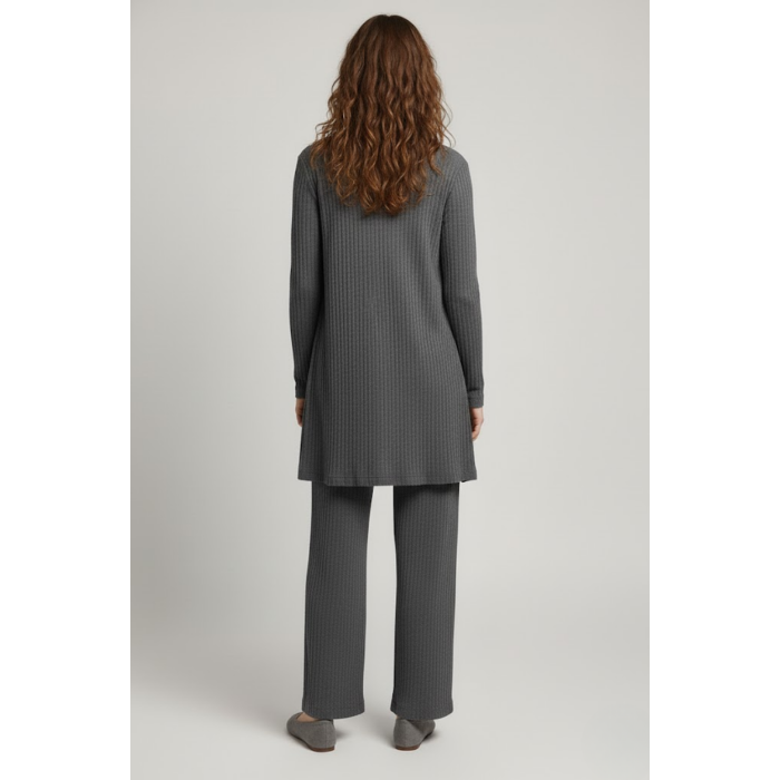 Kadın Gri Ribanalı Üçlü Takım Uzun Hırka Bisiklet Yaka Bluz Lastikli Boru Paça Pantolon