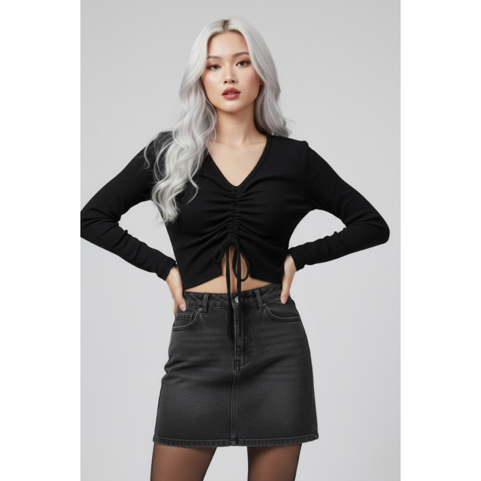 Siyah Uzun Kollu Kaşkorse Crop Bluz Büzgülü V Yaka