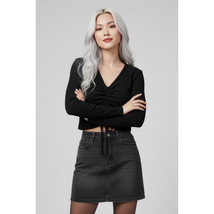 Siyah Uzun Kollu Kaşkorse Crop Bluz Büzgülü V Yaka