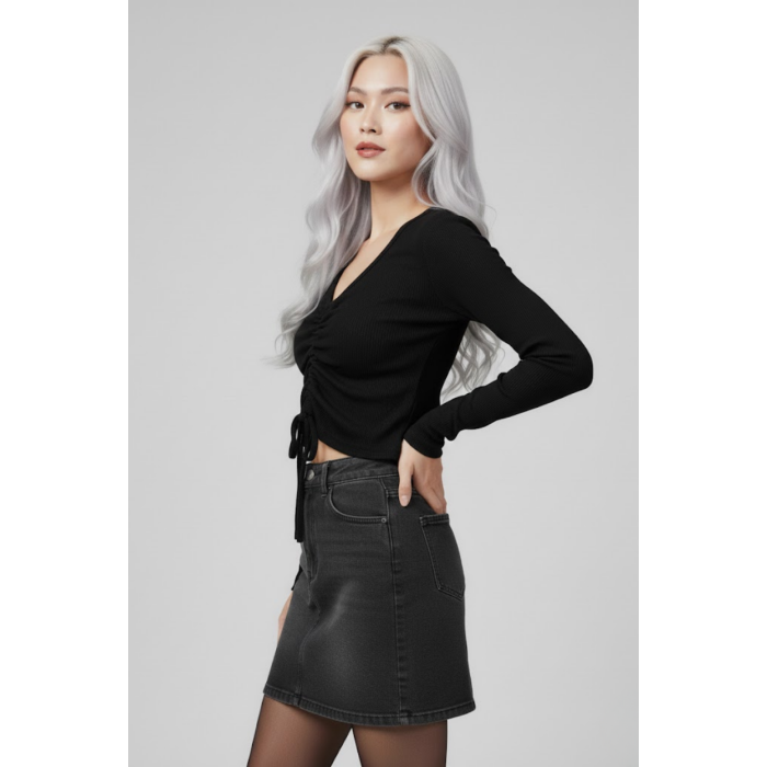 Siyah Uzun Kollu Kaşkorse Crop Bluz Büzgülü V Yaka