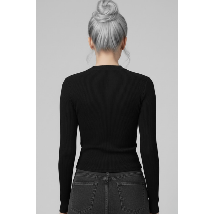 Siyah Uzun Kollu Kaşkorse Crop Bluz Büzgülü V Yaka