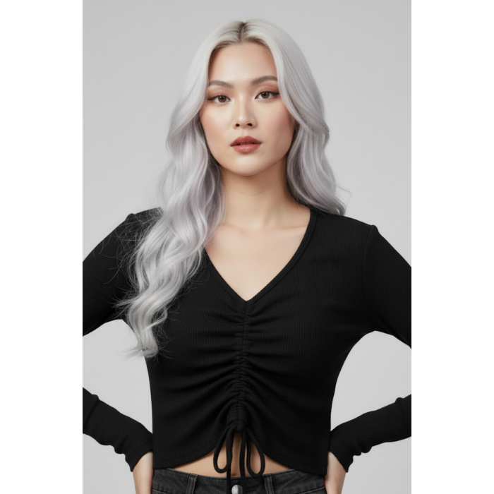 Siyah Uzun Kollu Kaşkorse Crop Bluz Büzgülü V Yaka