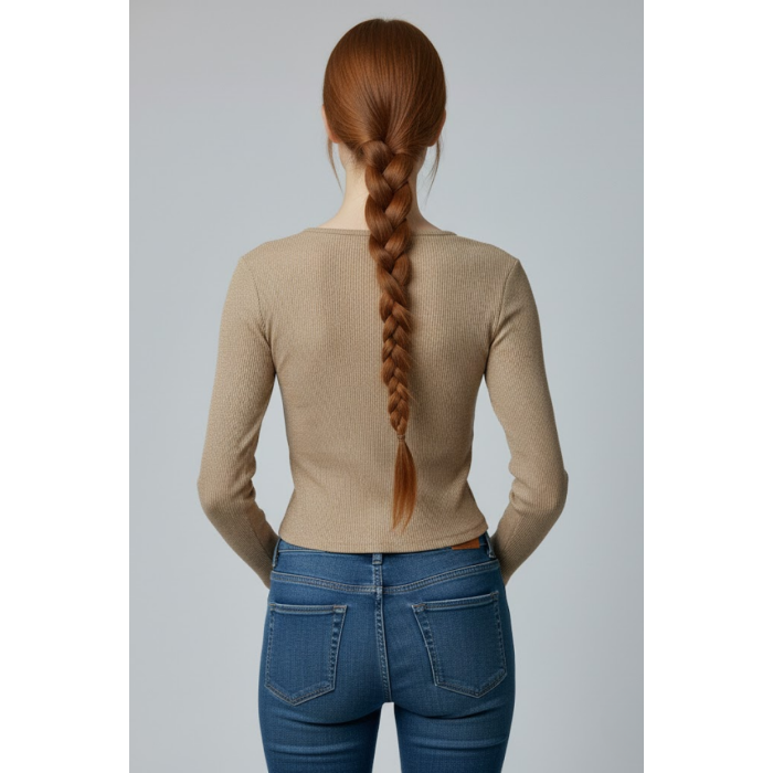 Sütlü Kahve Uzun Kollu Kaşkorse Crop Bluz Büzgülü V Yaka