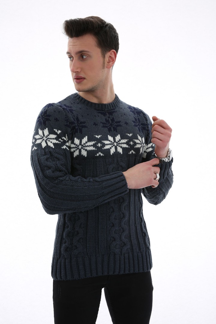 Erkek Kar Desenli Kapartma Baskılı Kışlık Kalın Günlük Triko Kazak