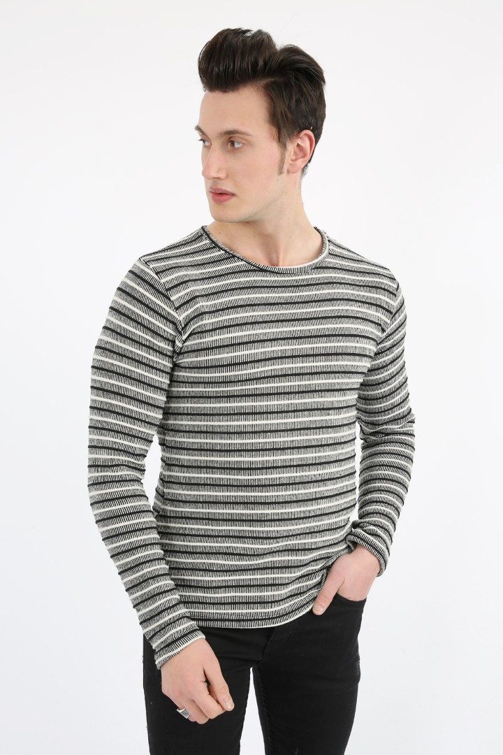 Çizgili Sıfır Yaka Erkek Günlük Sweatshirt