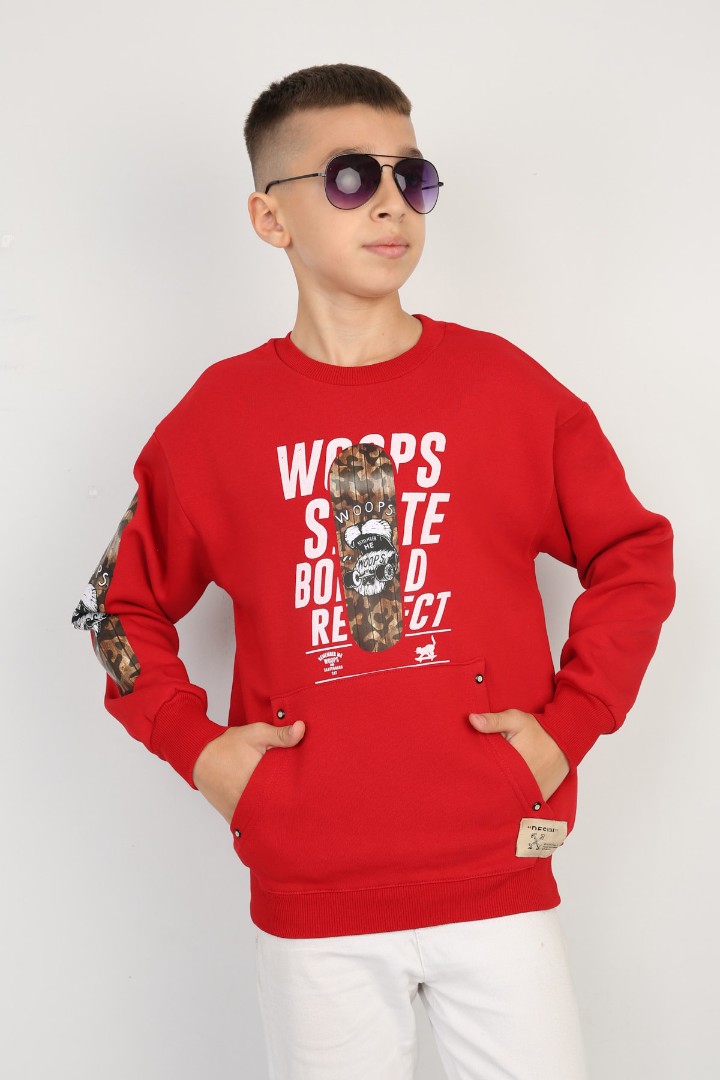 Üç İplik Şardonlu Baskılı Kanguru Cepli Erkek Çocuk Günlük Sweatshirt