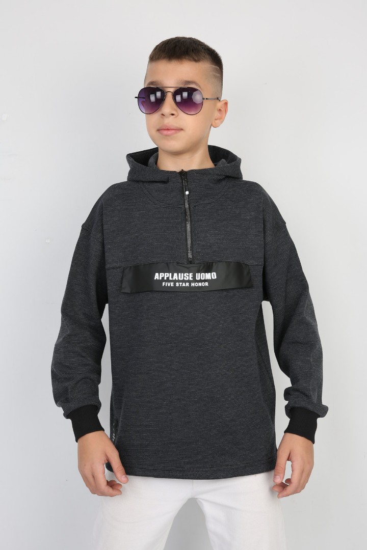 Yarım Fermuarlı Kapşonlu Baskılı Erkek Çocuk Günlük Sweatshirt