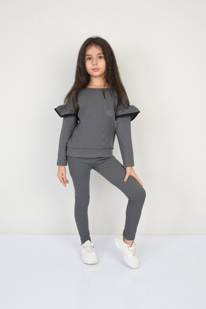 Şardonlu Fitilli Fırfır Detaylı Taytlı Günlük Kız Çocuk Takım