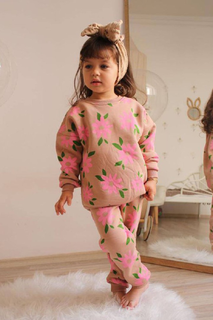 Üç İplik Şardonlu Çiçek Baskılı Kız Çocuk Günlük Takım