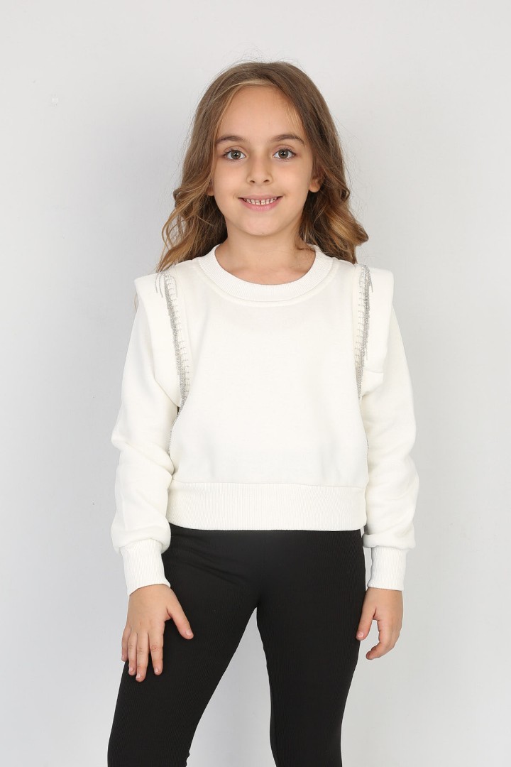 Üç İplik Şardonlu Omuz Detaylı Kız Çocuk Günlük Crop Sweatshirt