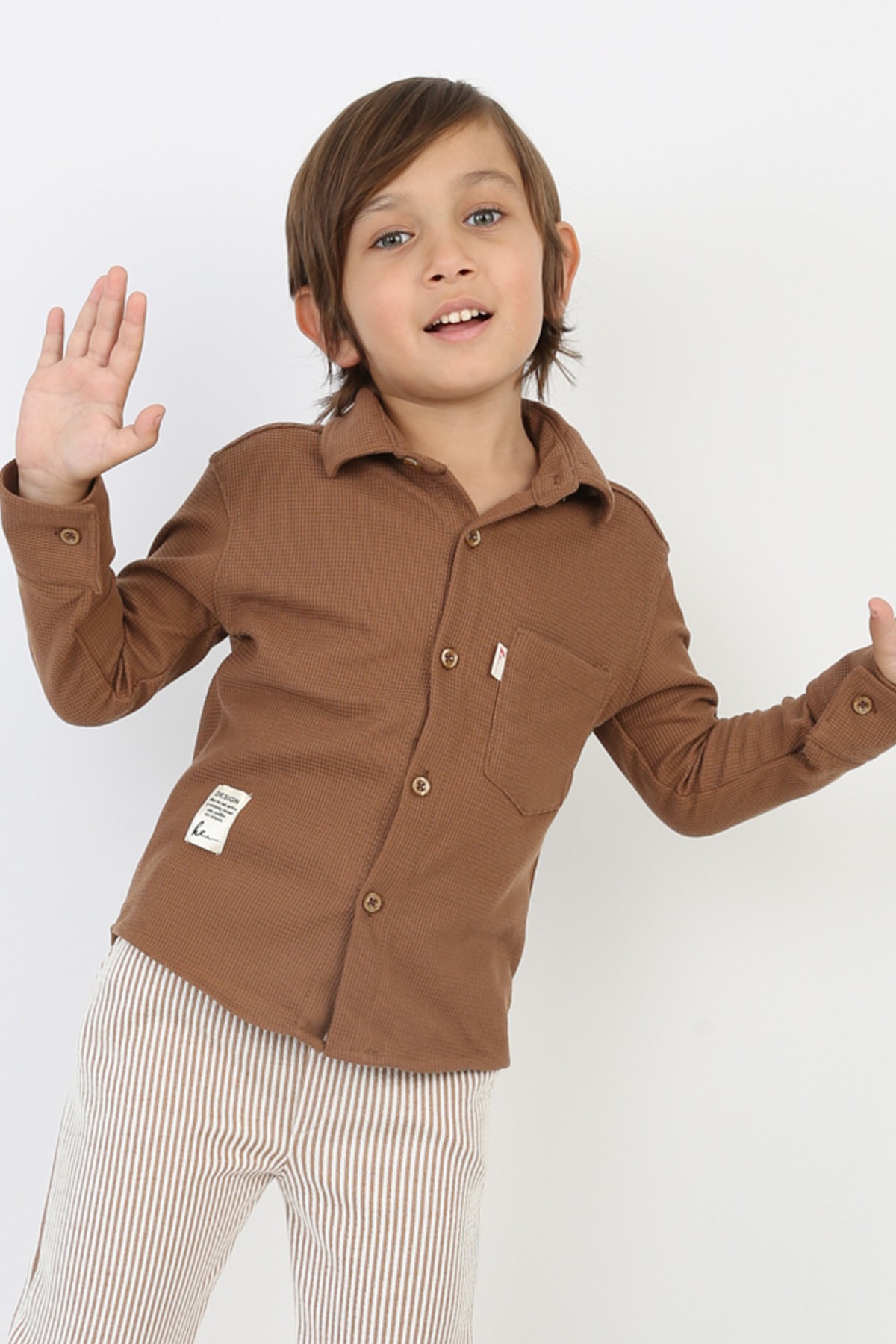 Erkek Çocuk Cepli Waffle Kumaş Likralı Rahat Şık Günlük Gömlek