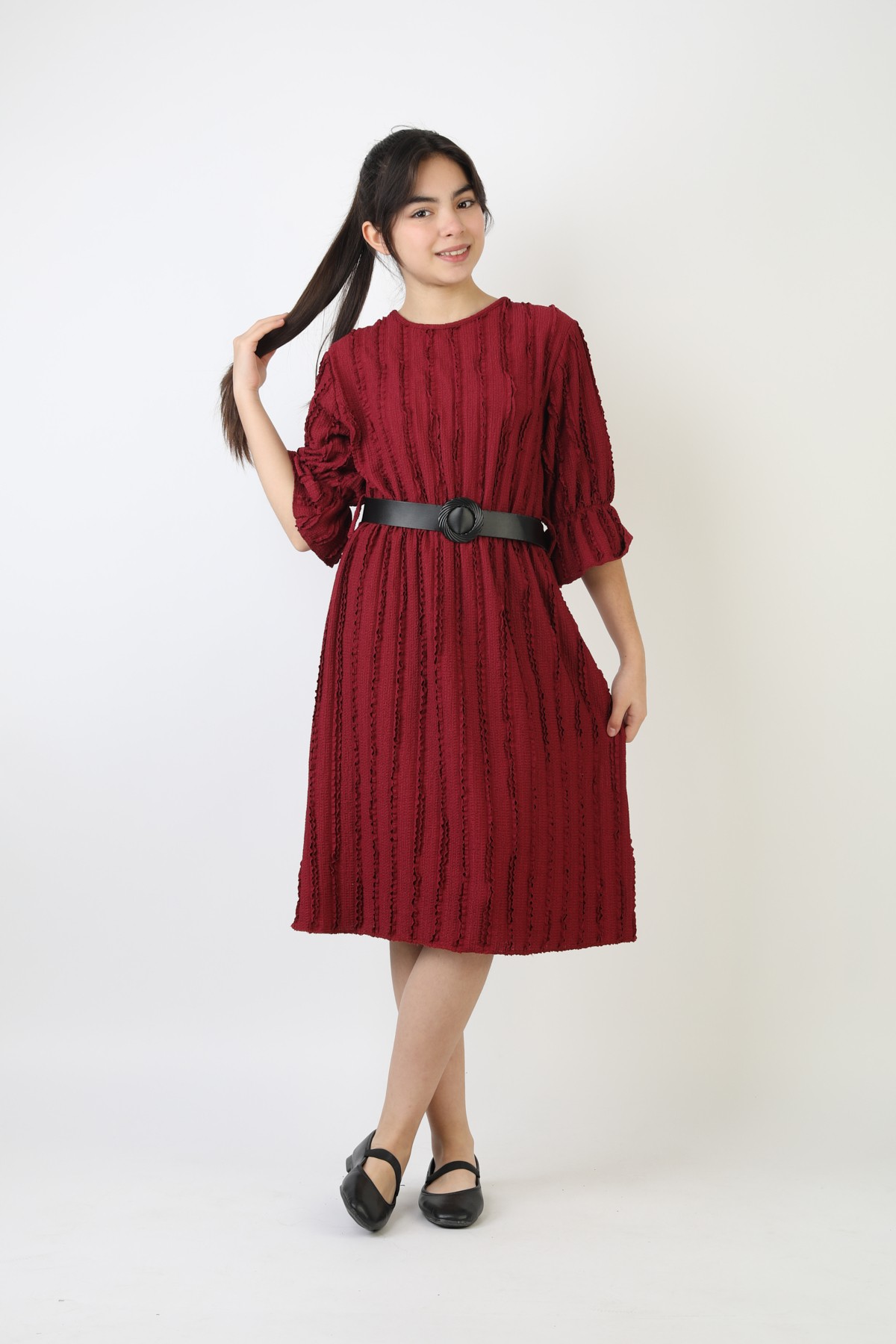 Fırfırlı Bürümcük Kumaş Kız Çocuk Kemerli Günlük Şık ve Rahat Elbise