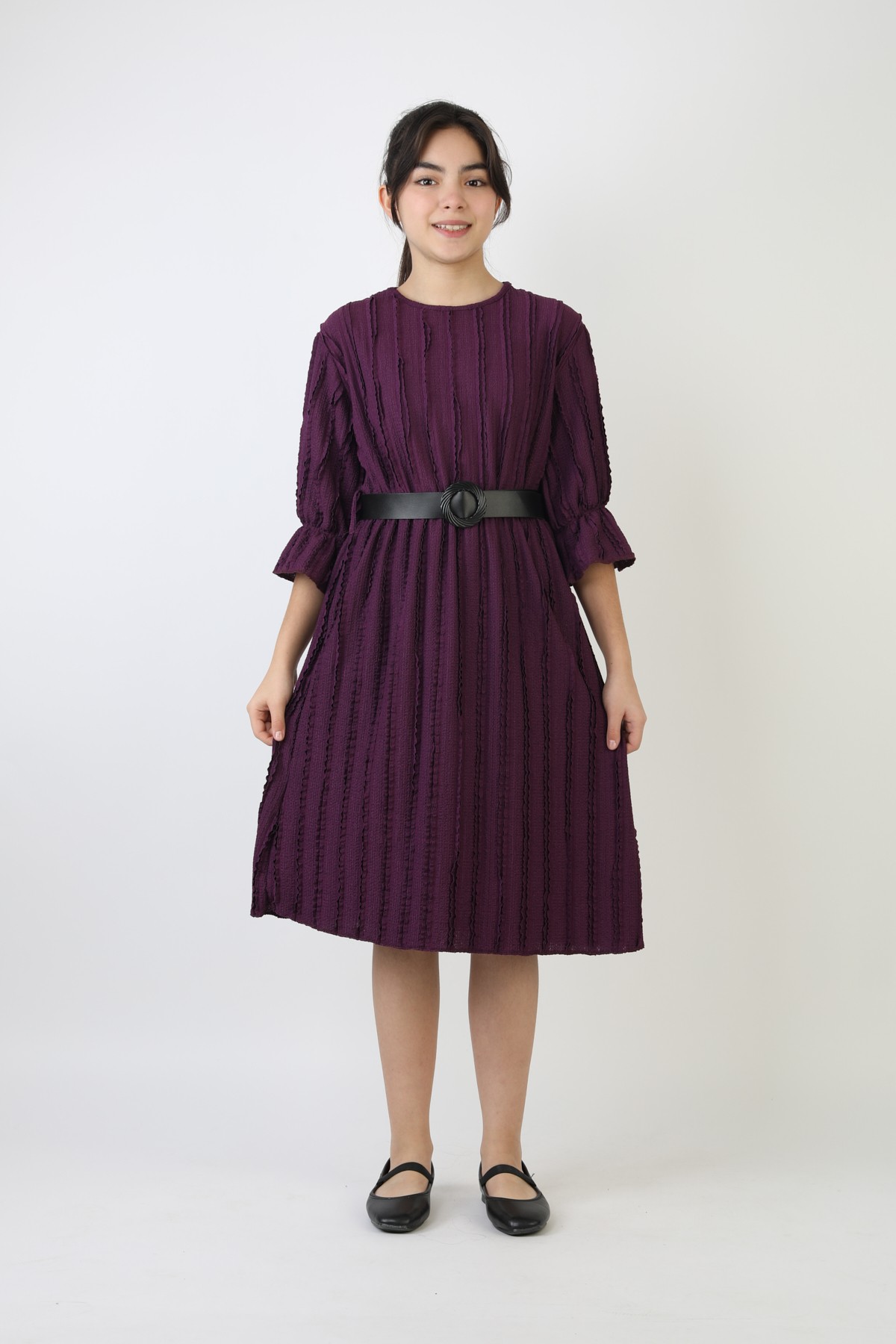 Fırfırlı Bürümcük Kumaş Kız Çocuk Kemerli Günlük Şık ve Rahat Elbise