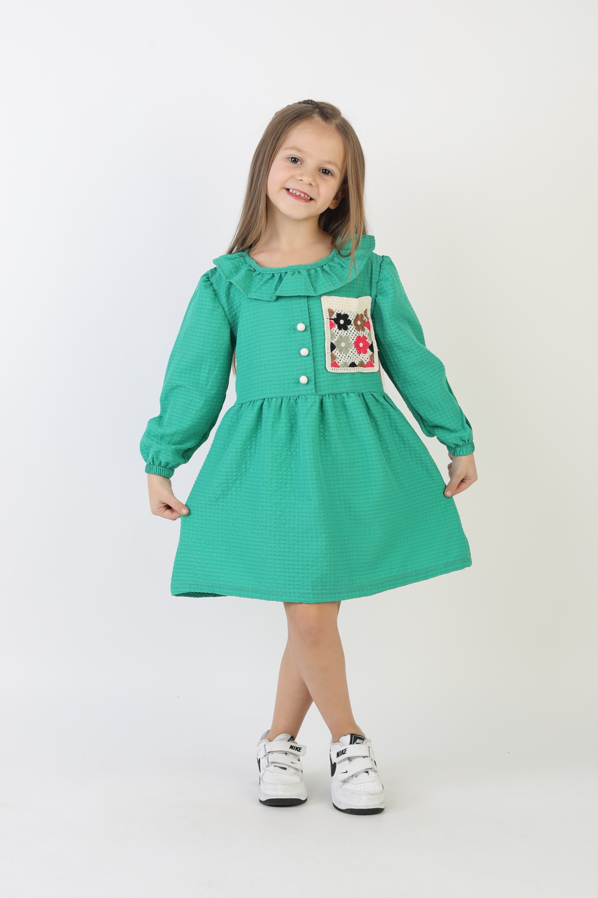 İşlemeli Gofre Kumaş Kız Çocuk Günlük Şık Rahat Ve Trend Elbise