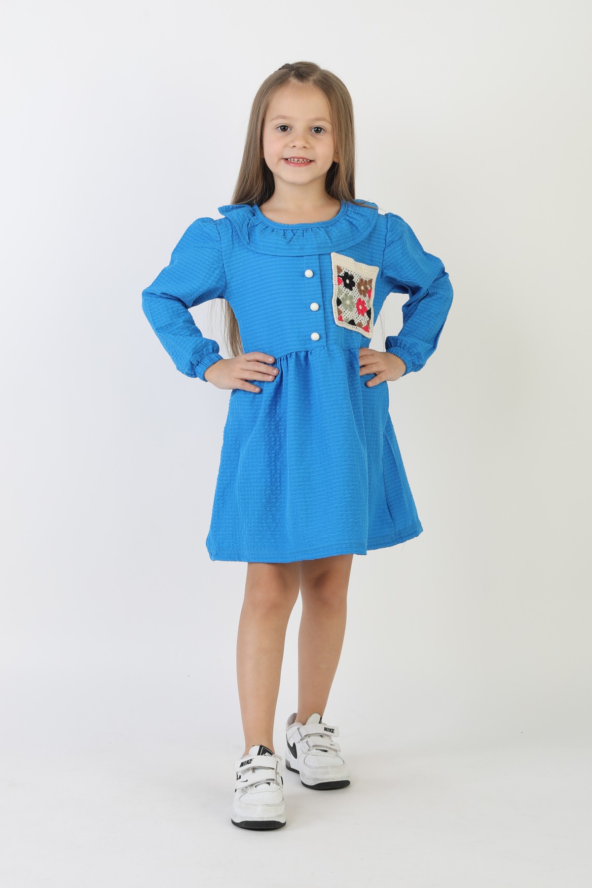 İşlemeli Gofre Kumaş Kız Çocuk Günlük Şık Rahat Ve Trend Elbise