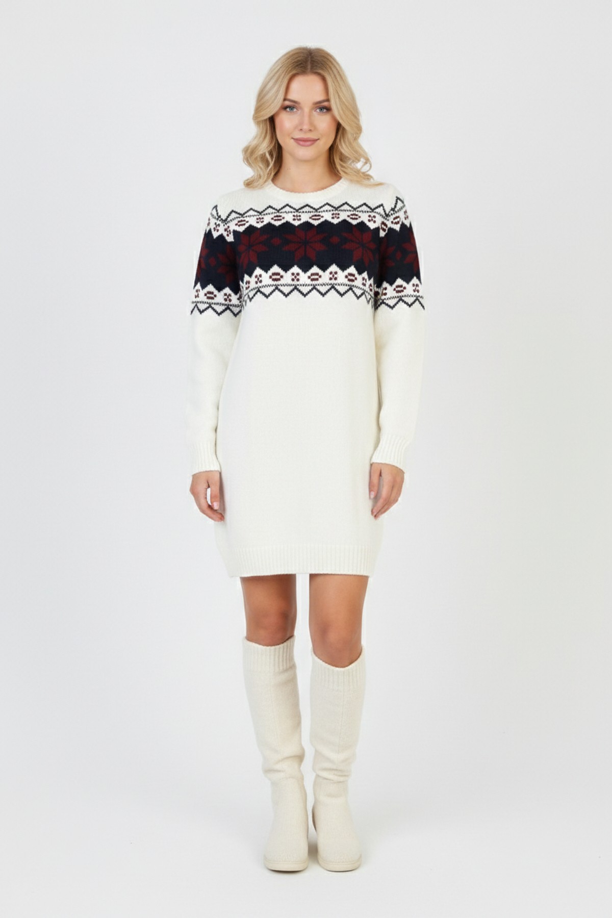 Kadın Beyaz Bel Desenli Bisiklet Yaka Standart Kol Jakarlı Örgü Triko Kazak Elbise