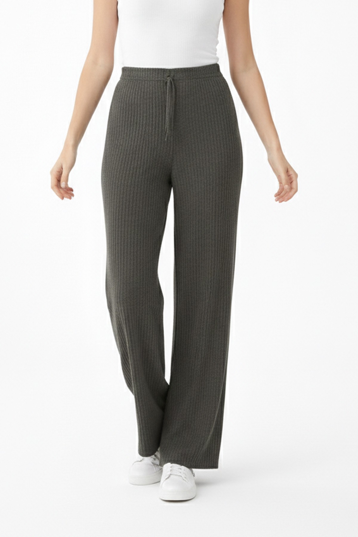 Kadın Haki Yüksek Bel Fitilli Örme Bağcıklı Esnek Likralı Geniş Paça Pantolon