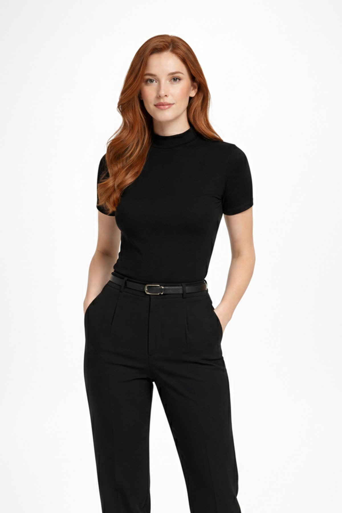 Kadın Siyah Viskon  Yarım Balıkçı Yaka Kısa Kollu Kompakt Slim Fit Likralı Basic Günlük Body Bluz